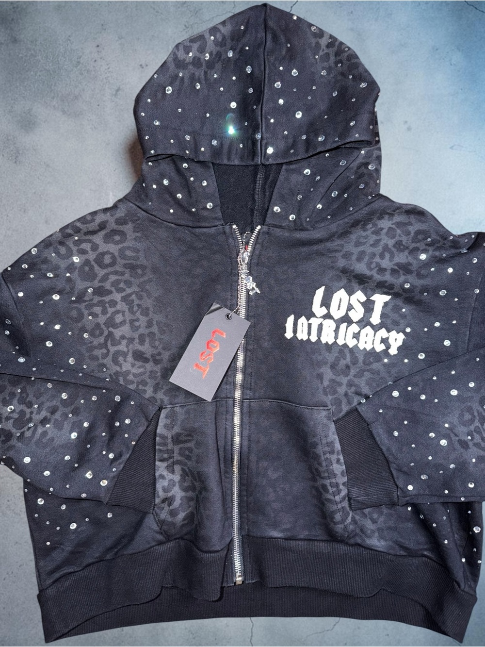 LOST INTRICACY VINTAGE RHINESTONE BLACK LEOPARD ZIP HOODIE CROPPED 2x WOMEN